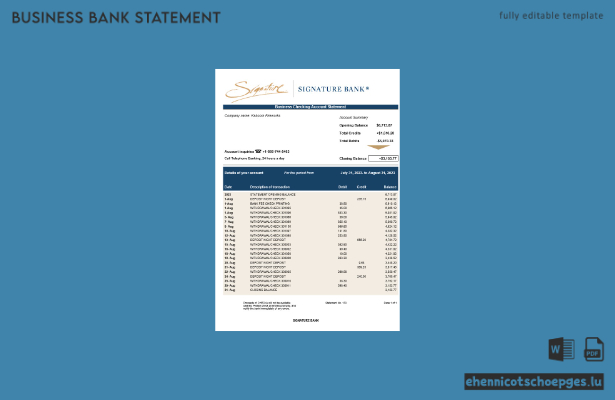 Signature Bank Unternehmenskontoauszug – Beispielvorschau in Word und PDF